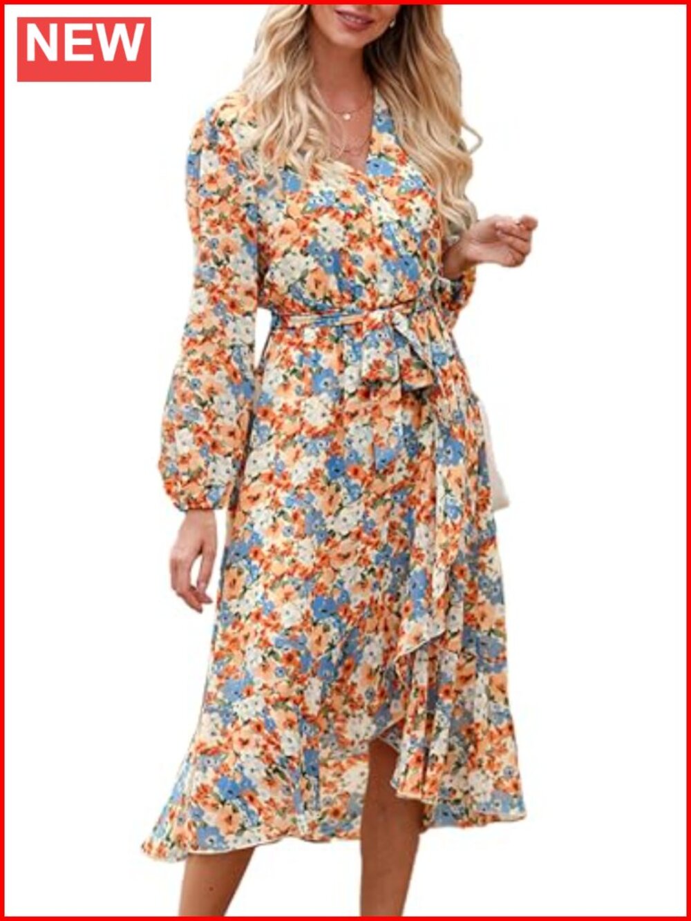 Women's Floral Boho Long Sleeve Maxi Dress with Belt Ruffle Hem